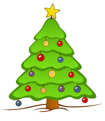An isolated Christmas tree with a star on top and colorful decorations in a snowfield