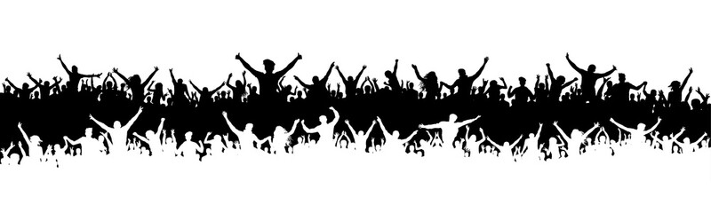 Fototapeta na wymiar Cheering fans, sports silhouette crowd. Party, people vector. Applause concert disco. Poster Event banner background isolated.