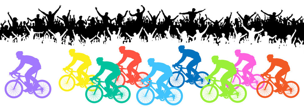 Bicycle race. Crowd of fans, silhouette. Sport event banner
