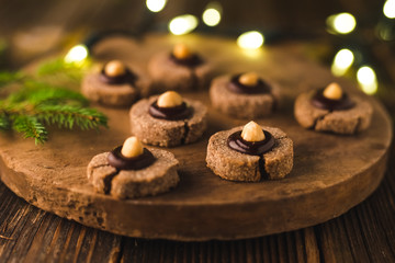 Christmas cookies on rustic wood background
