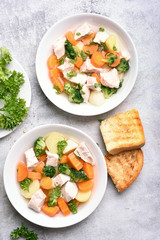 Diet chicken soup with carrot, broccoli, potato