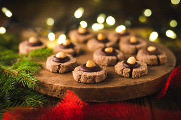 Christmas cookies on rustic wood background