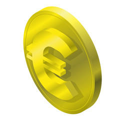 Euro gold coin logo in isometric perspective. Modern symbol of piece in minimalist gray stylization. Graphic icon of European Union currency, internet investing. Three dimensional symbol, buck mark.