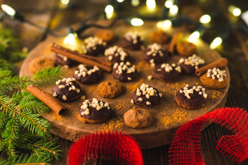 Christmas cookies on rustic wood background