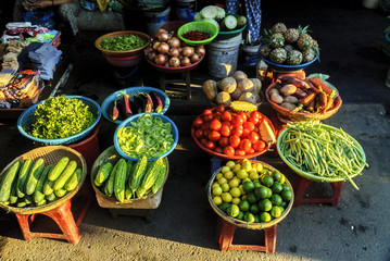 fruits and vegetables on a market in the streets in Hoi An, Vietnam, city UNESCO World Heritage.