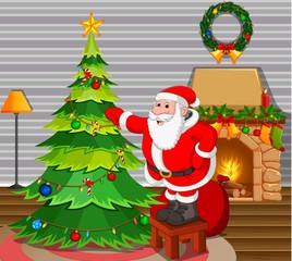 santa claus with christmas tree in living room and fire place
