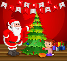santa claus with christmas tree and cute kid