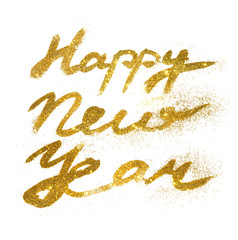 Card with text Happy New Year of golden glitter on white background. 