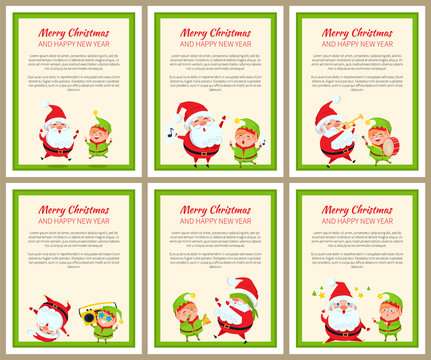 Set of Cards with Happy Santa and ridiculous Elf