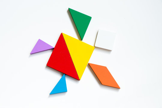 Colorful tangram puzzle in turtle or tortoise shape on white background