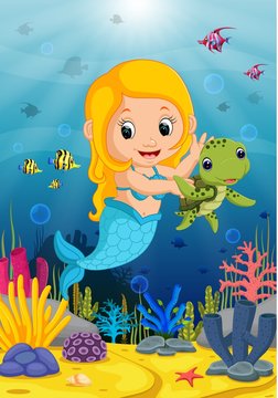 Cartoon mermaid underwater wtih turtle