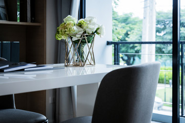 fabric modern chair with table working at home concept ideas