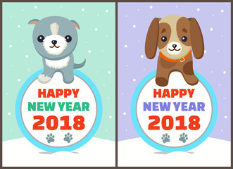 Happy New Year 2018 Dogs Set Vector Illustration