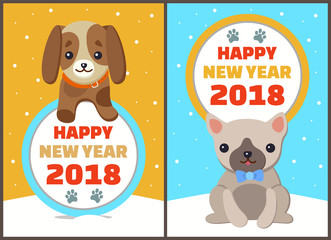 Happy New Year 2018 Dogs Set Vector Illustration