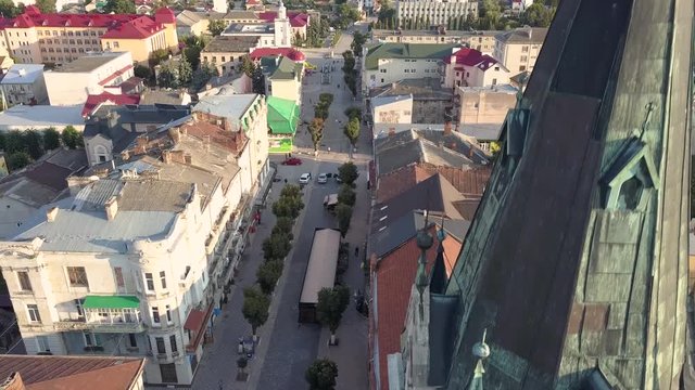 Aerial view to center of Chortkiv city with Church of St. Stanislaus