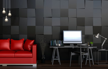 3D rendering of interior modern living room workspace with sofa, desk, laptop computer and green plants 