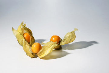 Orange berry of ripe physalis with natural leaves on a white surface