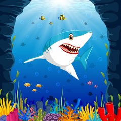 Obraz premium Cartoon shark under the sea