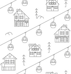 Ski resort and winter sports. alpine village outline. Seamless pattern with outline ski elevator. Vector illustration cable car.