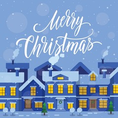 Christmas postcard with night town, lights in windows and hand written lettering