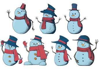 Hand drawn snowman isolated set