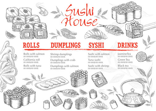 Menu hand drawn sushi illustration.