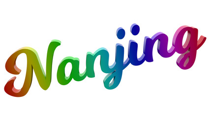 Nanjing City Name Calligraphic 3D Rendered Text Illustration Colored With RGB Rainbow Gradient, Isolated On White Background
