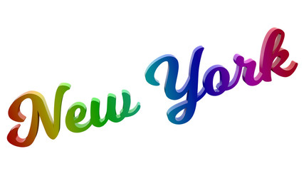 New York City Name Calligraphic 3D Rendered Text Illustration Colored With RGB Rainbow Gradient, Isolated On White Background
