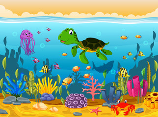 Fototapeta na wymiar Cartoon turtle underwater