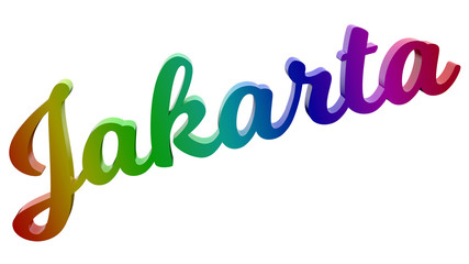 Jakarta City Name Calligraphic 3D Rendered Text Illustration Colored With RGB Rainbow Gradient, Isolated On White Background
