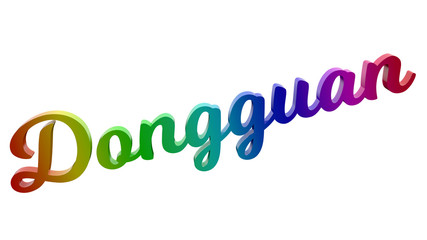 Dongguan City Name Calligraphic 3D Rendered Text Illustration Colored With RGB Rainbow Gradient, Isolated On White Background
