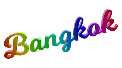 Bangkok City Name Calligraphic 3D Rendered Text Illustration Colored With RGB Rainbow Gradient, Isolated On White Background
