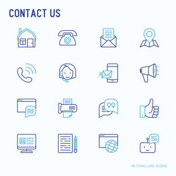 Contact us thin line icons set of telephone, fax, operator call center, e-mail, chat bot, pointer, feedback. Modern vector illustration.