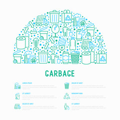Garbage concept in half circle with thin line icons: garbage bin, organic trash, garbage truck, glass, recycled paper, aluminium, battery, plastic bottle. Modern vector illustration for web page.