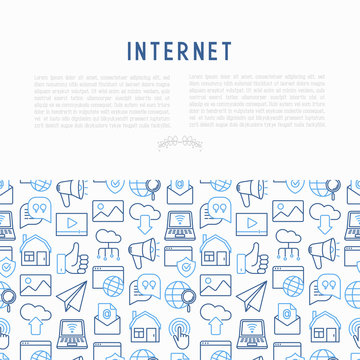 Internet concept with thin line icons: e-mail, chat, laptop, share, cloud computing, seo, download, upload, stream, global connection. Modern vector illustration for web page.