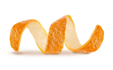 Orange zest peel spiral isolated on white, curl mandarin peel,Orange - Fruit, Lemon - Fruit, Grapefruit, Citrus Fruit, Coiled Spring