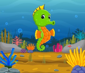 Cartoon tropical sea horse with beautiful underwater world