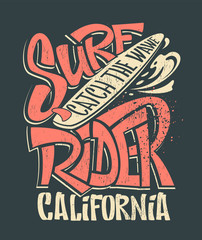 surf rider print. t-shirt graphic design - obrazy, fototapety, plakaty