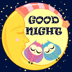 Good night. A postcard with a dozing crescent, two lovely cartoon owls and text.