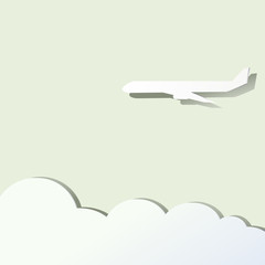 Airplane flying above clouds. Illustration made of paper. Travel.