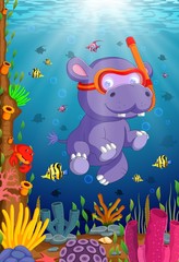 Fototapeta na wymiar Hippo snorkeling in underwater sea