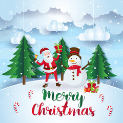 Cute Santa Claus And Snowman Merry Christmas And Happy New Year Paper Art Card Illustration