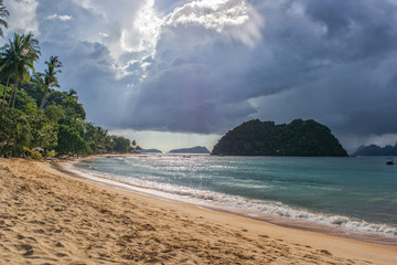 Las Cabanas beach stormy weather in Palawan island, Philippines