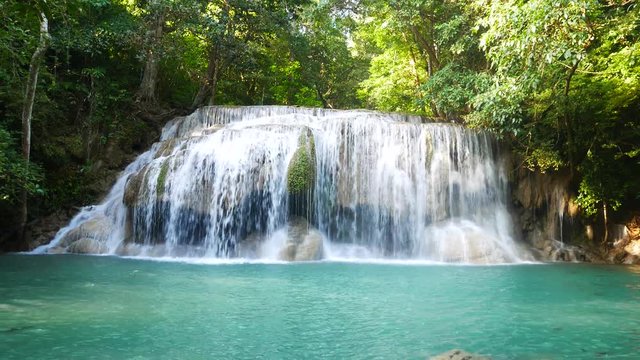 Beautiful Erawan Waterfall in the rain forest, famous tourist attractions of Kanchanaburi National Park, Thailand