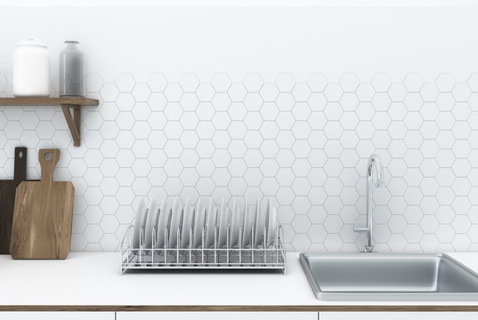 White Hexagon Tile Kitchen Interior, Countertop