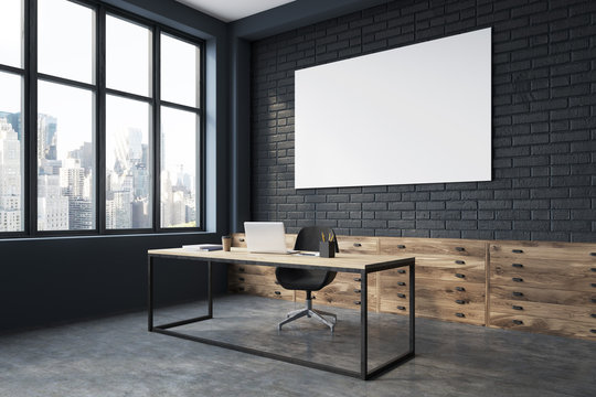 Black brick CEO office interior, poster side