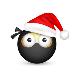 Smiley,emoticon. Black emoji, face with emotions and Christmas hat. New Year, Santa.Winter. Sad,happy,angry faces.Funny cartoon character.Mood. Vector.