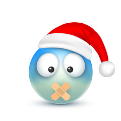Smiley,emoticon. Blue emoji, face with emotions and Christmas hat. New Year, Santa.Winter. Sad,happy,angry faces.Funny cartoon character.Mood. Vector.