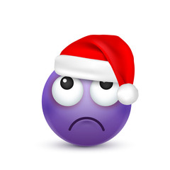 Smiley,emoticon. Violet emoji, face with emotions and Christmas hat. New Year, Santa.Winter. Sad,happy,angry faces.Funny cartoon character.Mood. Vector.