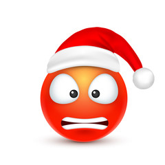 Smiley,emoticon. Red emoji, face with emotions and Christmas hat. New Year, Santa.Winter. Sad,happy,angry faces.Funny cartoon character.Mood. Vector.